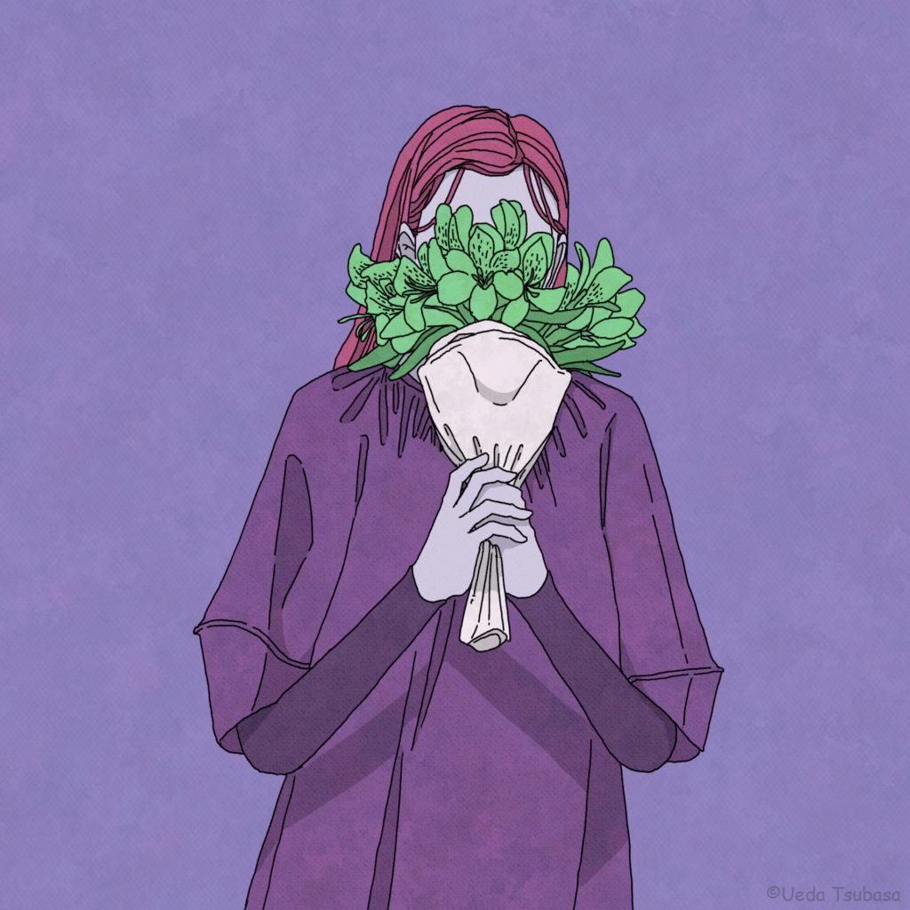 アルストロメリアで顔を隠した女性のフリーアイコン素材
